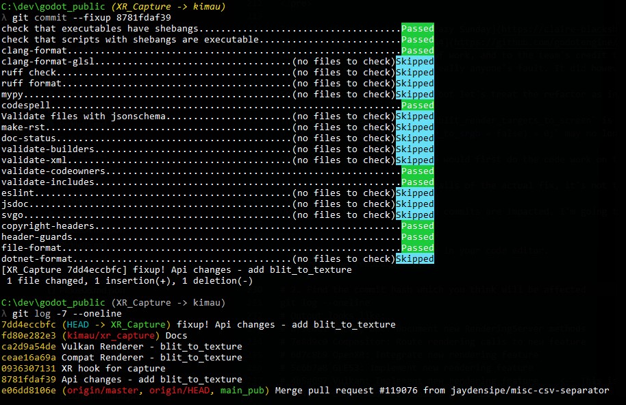 git commit --fixup runs the pre-commit hooks, all pass, then git log shows a new fixup! commit at HEAD referencing the Api changes commit