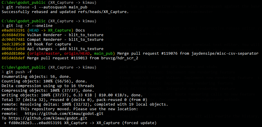git rebase -i --autosquash main_pub succeeds, log shows new hashes with the fixup folded into the Api changes commit, then git push -f updates the remote