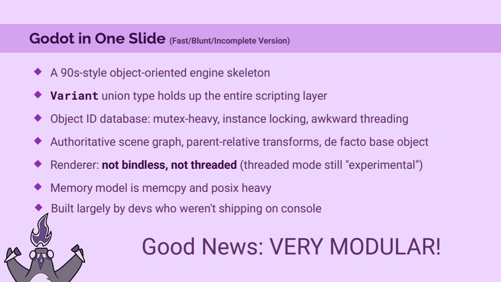 Godot in One Slide, the fast blunt incomplete version: 90s-style object-oriented engine skeleton, Variant union type, mutex-heavy object ID database, authoritative scene graph, renderer not bindless or threaded, memcpy and posix heavy memory model, built largely by devs who weren't shipping on console. Good news: very modular