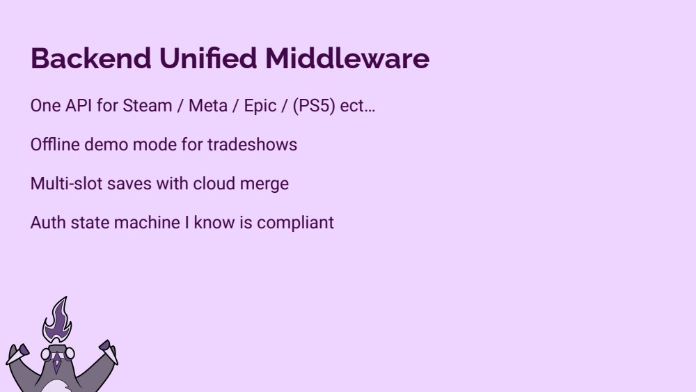 Backend Unified Middleware slide: one API for Steam, Meta, Epic, PS5 etc, offline demo mode for tradeshows, multi-slot saves with cloud merge, an auth state machine I know is compliant