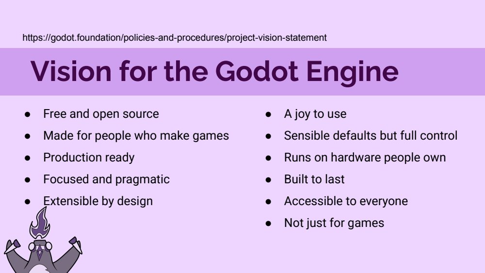 Vision for the Godot Engine slide listing the foundation's stated goals: free and open source, made for people who make games, production ready, focused and pragmatic, extensible by design, not just for games, a joy to use, sensible defaults but full control, runs on hardware people own, built to last, accessible to everyone