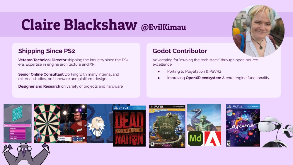 Bio slide showing games shipped from PS2 era through Dead Nation, Wonderbook, Modeler and Dreams