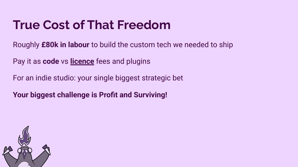 True Cost of That Freedom — £80k in labour, code vs licence fees, biggest challenge is profit and surviving