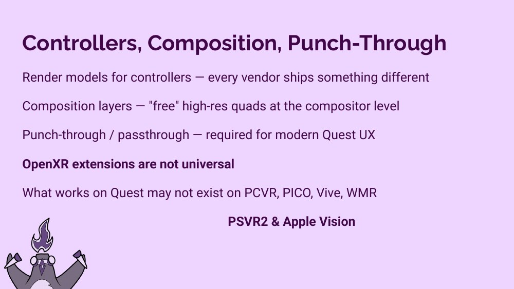 Controllers, Composition, Punch-Through slide — render models, composition layers, passthrough, OpenXR extensions are not universal, plus PSVR2 and Apple Vision sit outside OpenXR entirely