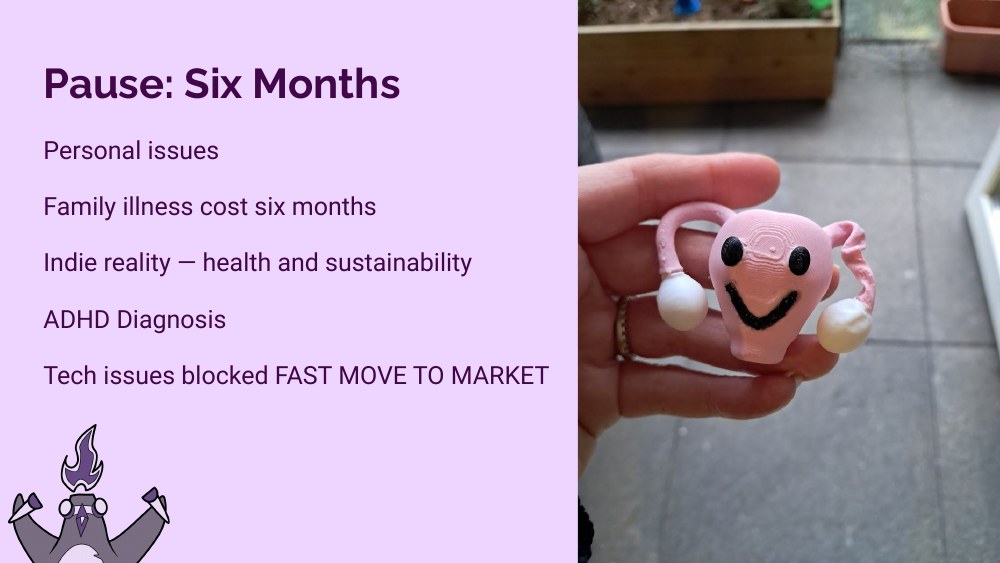 Pause Six Months slide — personal issues, family illness, indie reality, ADHD diagnosis, with a 3D-printed smiling uterus toy on the right